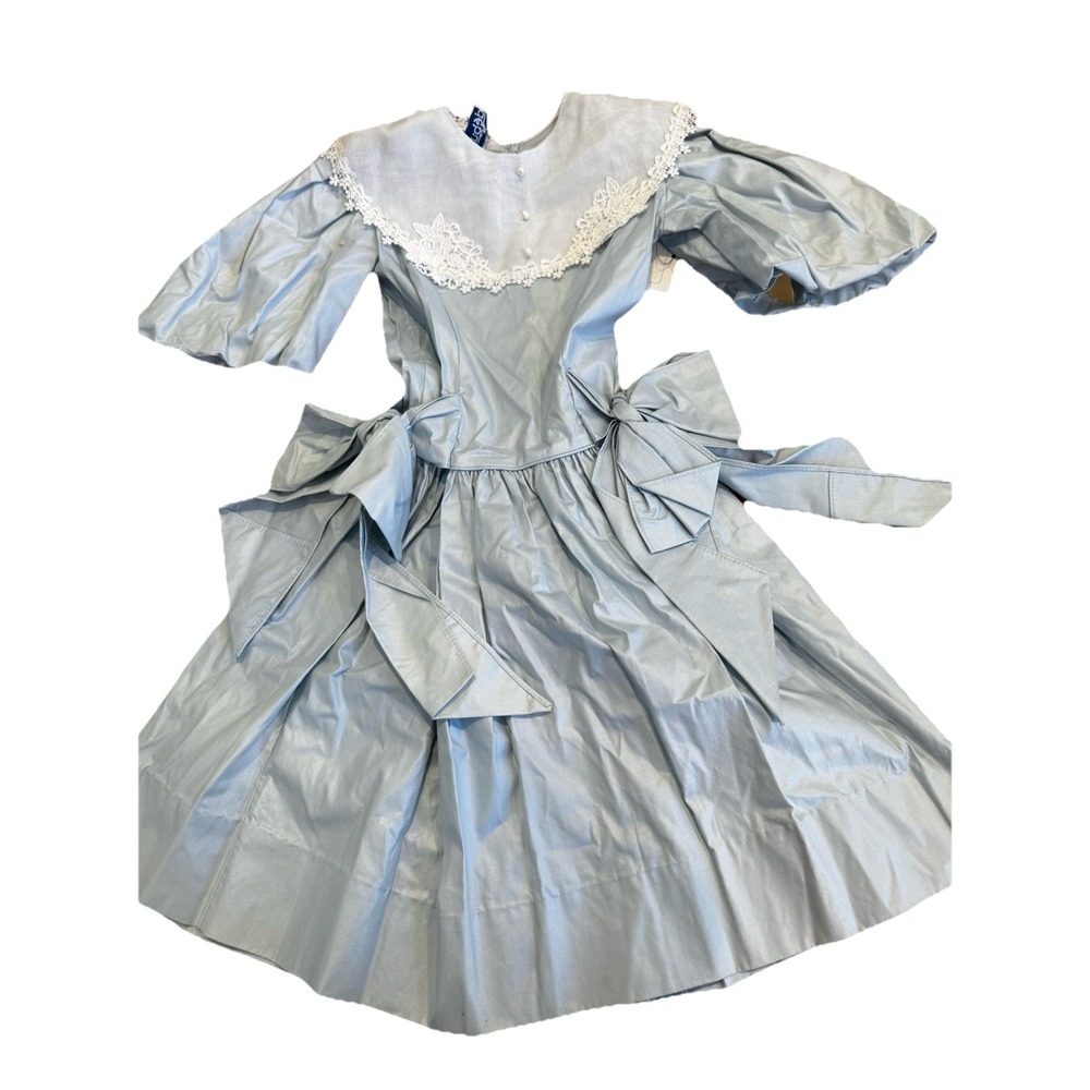 VTG Party Dress 80s Easter Blue Prairie Lace Victorian Bow Bib Collar 5 NEW FLAW